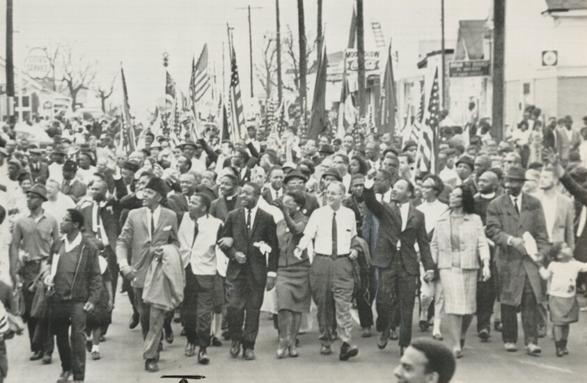 Title from caption on object: “Dr. King Leads His Triumphant Marchers into Montgomery”
