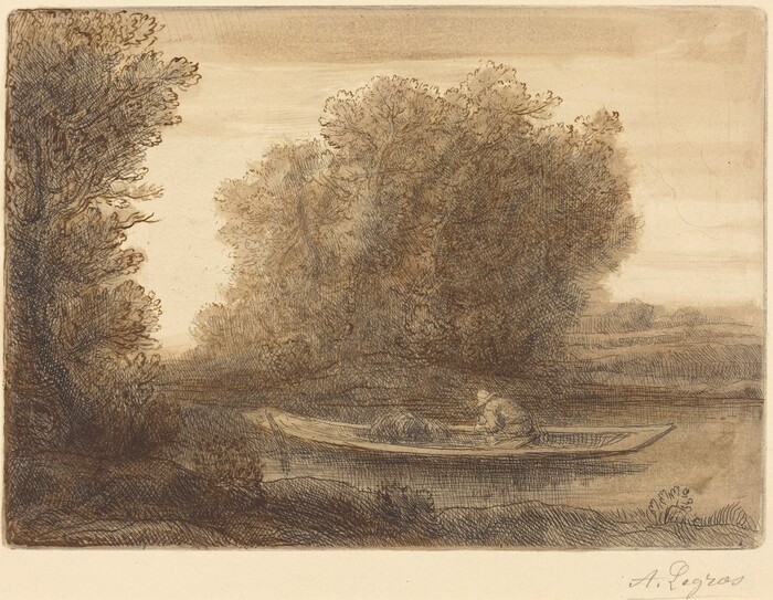 The image shows a river scene with trees partially covering the horizon. A figure is in a boat in the center, close to the viewer. The brushstrokes are detailed, depicting foliage and water with crosshatching. Earth tones dominate the color palette, creating a peaceful atmosphere.