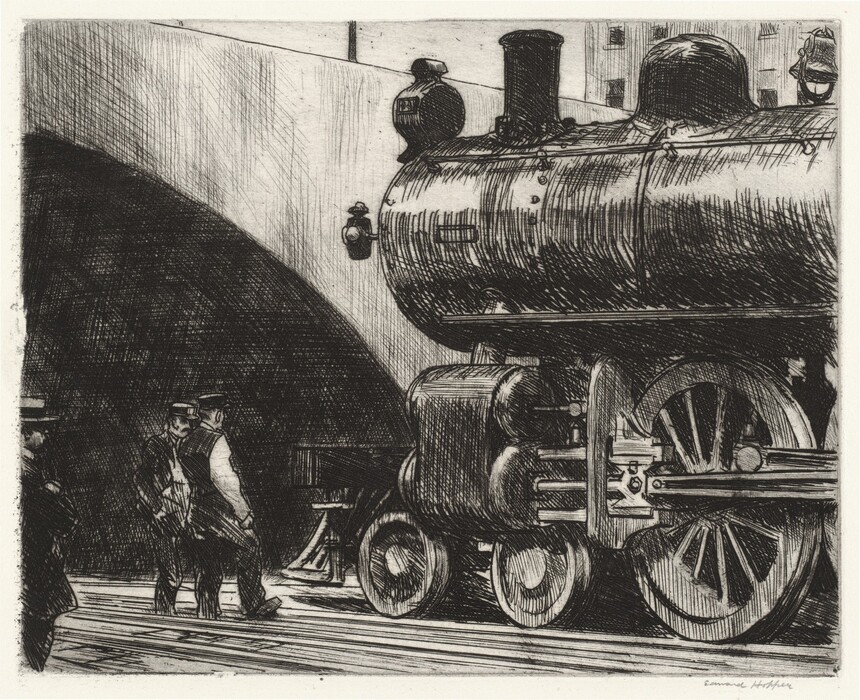 A gleaming black train engine approaches a low, wide tunnel opening in this horizontal etching. Cross-hatched lines create deep shadows in some areas, and lighter hatching or parallel lines contrast with the white of the paper to create highlights. The front half of the locomotive takes up the right half of the picture. Three people who stand on our side of the rails near the left edge of the composition are less than half as tall as the train. Two men near the train wear dark uniforms and flat-topped hats with narrow bills at the front. The third man is closer to us and is cut off by the left edge of the print. He wears a dark suit, and his arms are crossed over his midsection. His hat has a ribbon around the flat-topped crown and a brim. The tunnel opening is deeply shaded, and the bridge above blocks out most of the city scape behind it. The artist signed the sheet under the bottom right corner in graphite, “Edward Hopper.”