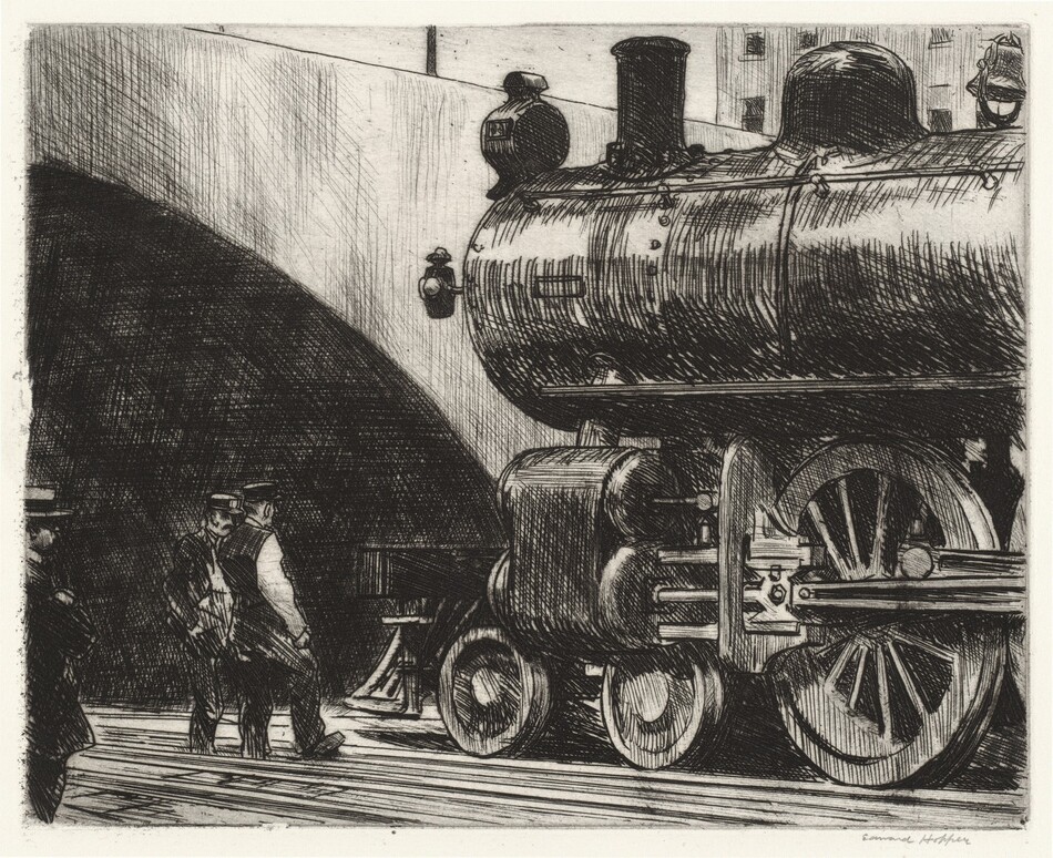 A gleaming black train engine approaches a low, wide tunnel opening in this horizontal etching. Cross-hatched lines create deep shadows in some areas, and lighter hatching or parallel lines contrast with the white of the paper to create highlights. The front half of the locomotive takes up the right half of the picture. Three people who stand on our side of the rails near the left edge of the composition are less than half as tall as the train. Two men near the train wear dark uniforms and flat-topped hats with narrow bills at the front. The third man is closer to us and is cut off by the left edge of the print. He wears a dark suit, and his arms are crossed over his midsection. His hat has a ribbon around the flat-topped crown and a brim. The tunnel opening is deeply shaded, and the bridge above blocks out most of the city scape behind it. The artist signed the sheet under the bottom right corner in graphite, “Edward Hopper.”