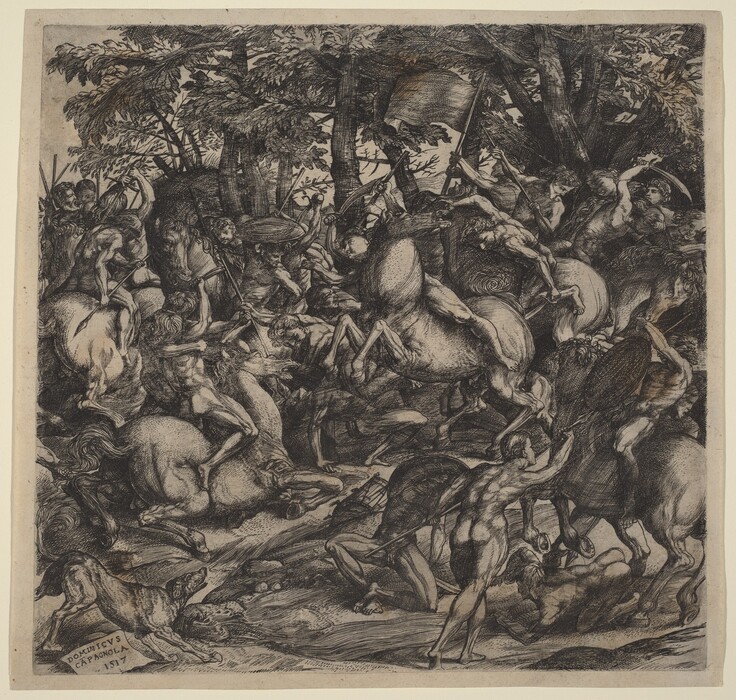 This is a drawing of a battle scene involving horses and warriors. The composition is dense with action, as figures clash with each other. The background is a forested area, with large trees providing a textured backdrop. The energy of both humans and animals is captured in dynamic poses, with rearing horses and warriors engaged in combat. The etching technique creates an interplay of light and shadow, emphasizing the movement present in the scene.