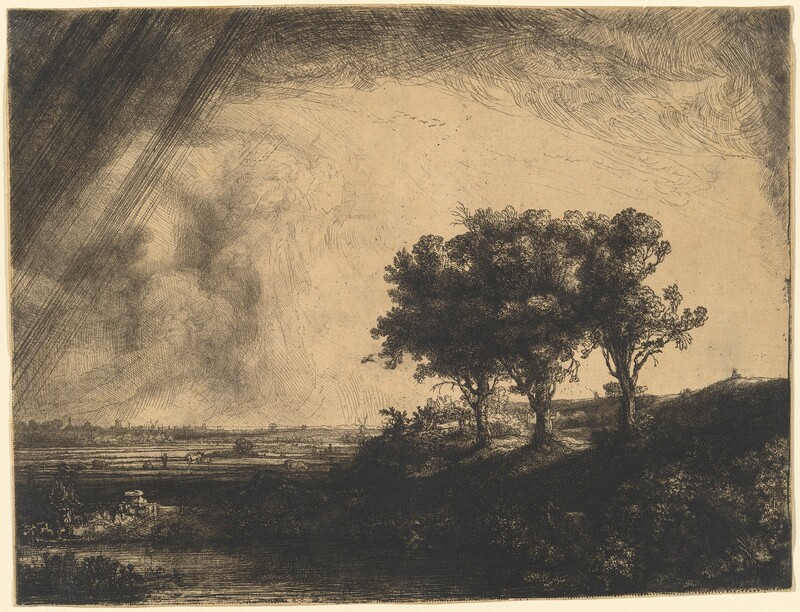 Printed with deep, black shadows and swirling or straight lines on yellowed paper, three trees stand on a grassy bank alongside a body of water, probably a river or canal, in this horizontal etching, engraving, and drypoint. The grassy bank reaches almost two-thirds of the way across the composition from the right edge. At least two people, a horse-drawn wagon or carriage filled with more people, and a town, all minuscule in scale, are tucked under or beyond the trees. The face of the bank directly opposite us is dark in shadow and the details of plants and the waterline are hard to make out. The bank tapers down so the distant horizon, which comes about a third of the way up the composition, stretches across the left half of the print. One person sits and one stands, fishing, by the water in the lower left corner. People work and cows stand or lie in the flat field beyond the water, and buildings and windmills created with a few strokes of the burin or etching needle are tiny in the far distance. The deeply shaded three trees are outlined starkly against the white sky. Dark clouds pour across the top of the sheet and enter along the left edge, and diagonal lines across the top left corner suggests falling rain. The artist signed and dated the print among grasses in the lower left corner of the printed image: “Rembrandt f. 1643.”