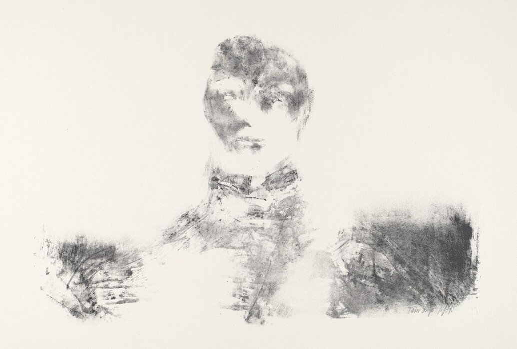 The image depicts an abstract portrait of a person focusing on the upper body, including the head and shoulders. The person seems to be facing forward with a slight upward gaze. The facial features are blurred and difficult to discern in detail, and the hair merges into the shadowy areas of the face. The clothing is suggestive of a garment covering the neck and shoulders but lacks definitive shape and detail. The background is plain and off-white, emphasizing the grayscale tones of the portrait. There are no visible jewelry or objects being held by the figure, and the style of the artwork gives it a subdued and mysterious ambiance.