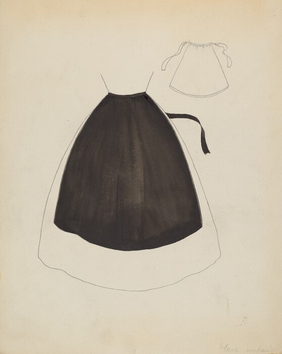 This is a drawing of an apron design. The drawing shows a single garment, an apron with a black-colored body and thin straps. The apron is depicted in complete form against a plain background. The black and white shading adds depth to the apron’s body, giving it a slightly three-dimensional look. Above the main image, there is a faint outline of a smaller, similar apron, which may be a diagram or alternate version of the same design. The composition is minimalist, with clean lines and subtle shading that highlight the essential features and shape of the apron.