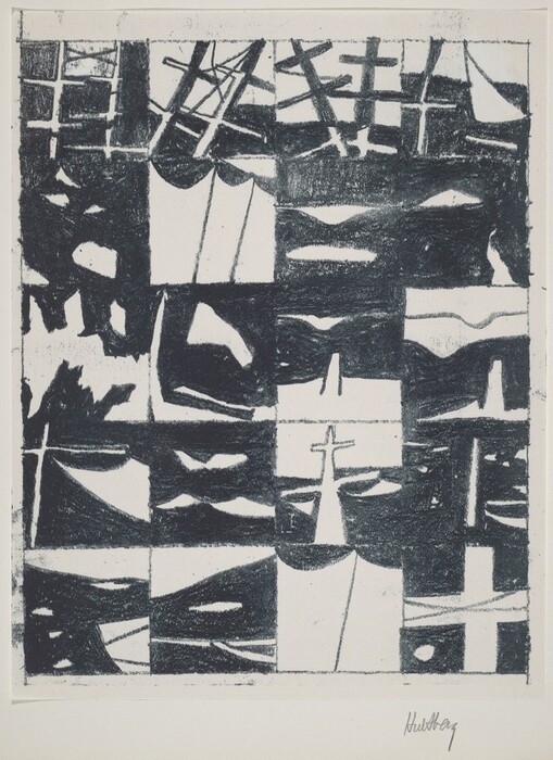 The image shows a series of rectangular and square shapes filled with bold intersecting lines and forms that create a complex pattern.