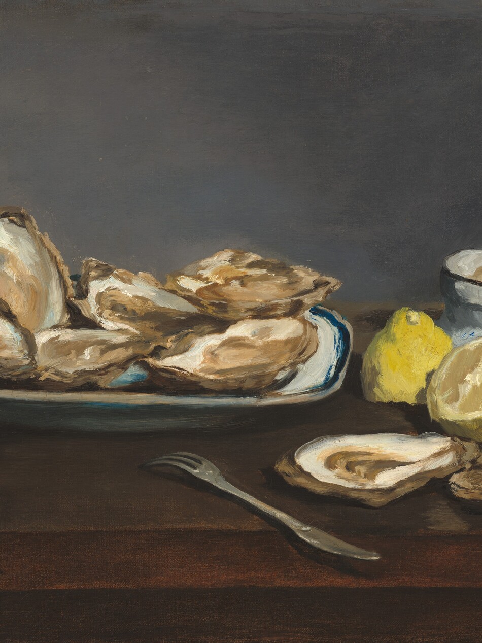 A plate of oysters, a halved lemon, an oyster fork and shells, and a dish of salt are arranged on a wooden tabletop in front of a gray wall in this horizontal still life painting. The front edge of the table seems close to us, and the objects span the width of this composition. Six oysters are crowded on the oval plate, which is white and edged with royal blue. The narrow tines of the oyster fork are angled toward the plate as the handle, which is shaped like the blade of a butter knife, angles to our right and seems to jut into our space. The two empty shells are next to the knife in front of the lemon, which has been cut in half through its girth. One cut edge faces our left and the other half rests with its cut edge down on the table. The bowl with salt mounded within is about the same size as the lemon and has a border of brown at the top and near the foot. The entire painting is loosely painted with visible brushstrokes, and some vague lines on the side of the bowl suggest a Japanese or Chinese character.