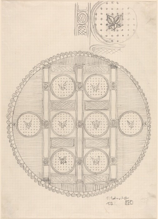 This is a drawing of a circular decorative design. The artwork consists of a large circle divided into sections by straight lines, each containing smaller circles with leaf or floral motifs at the center. The outer edge of the large circle has a scalloped pattern. There's a smaller sketch at the top-right corner showing a segment of the design in detail. The illustration appears to be hand-drawn with graphite on grid paper.