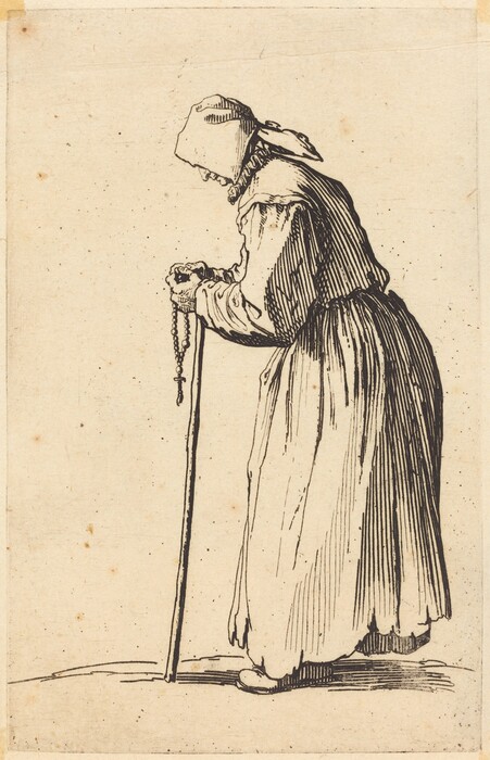 The image depicts a person standing and slightly bent forward, holding a walking stick in one hand. They are wearing a bonnet, a long dress with long sleeves, and holding a rosary. The background is plain.