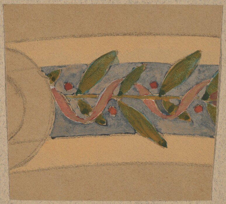 The image showcases curved lines and shapes on a textured background. A pink ribbon weaves between green leaf-like forms and red round shapes. The layout suggests a decorative border or natural design, with organic shapes intertwining to create a continuous pattern. Earthy tones and vibrant accents contrast, enhancing the texture of the piece.