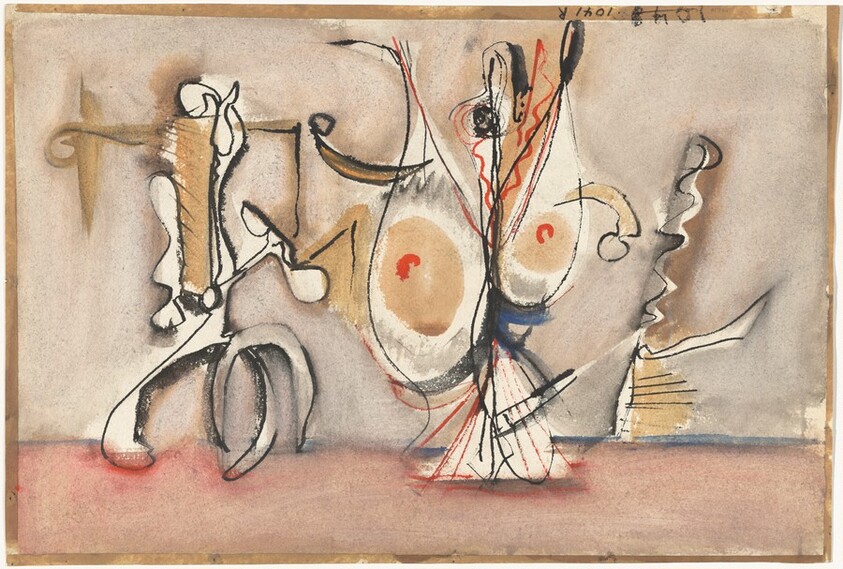 Abstract Composition in Black, Gray, Pink, Orange, Blue, and Tan [recto]