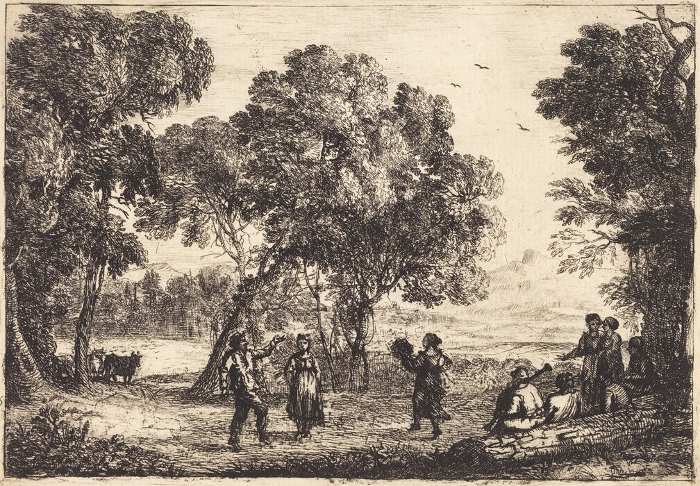 The image depicts a pastoral scene with a group of figures in a clearing surrounded by tall trees. Some figures are dancing while others are seated. Animals graze in the background, and mountains are faintly visible in the distant horizon. The artwork is created using fine, detailed brushstrokes to show textures and contrasts of light and shadow. The color scheme is monochrome, emphasizing dark and light shades for depth and detail.