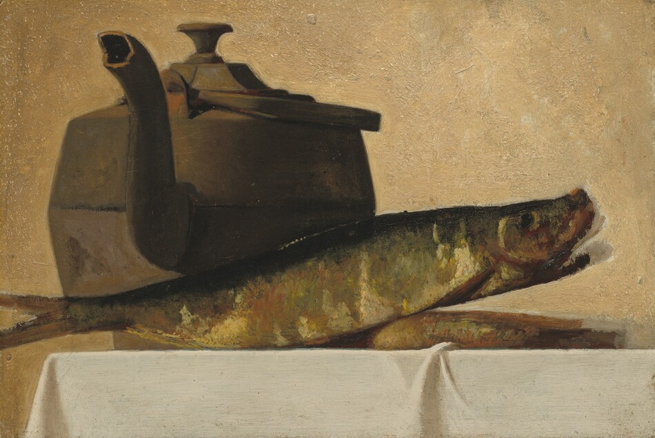 This painting depicts a dark brown teapot and a fish on a white cloth. The fish is mostly greenish gray, with some white and pale red scales. It appears to be propped up on something, perhaps a plate or another fish, and its head is facing the right. The teapot is on the left, with its spout turned towards us. The background is textured beige, and the white cloth below the objects has some small folds in it.