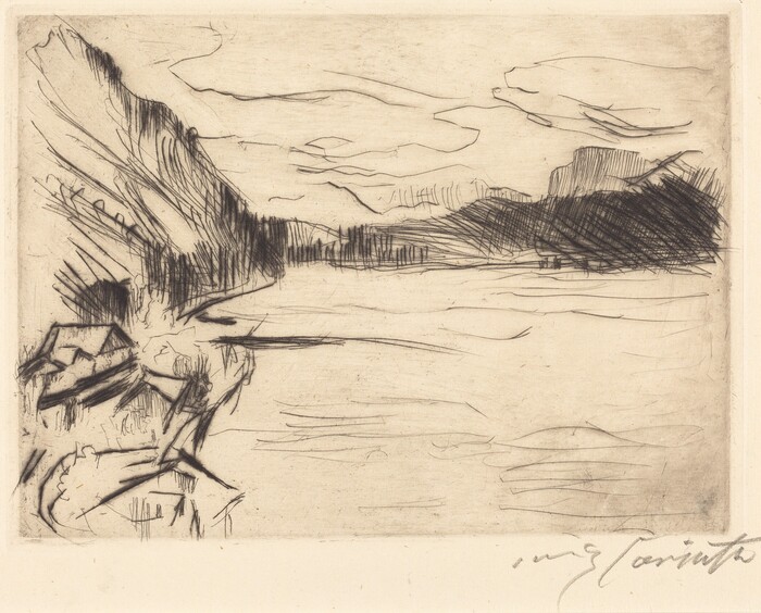 The image shows a landscape viewed from an elevated perspective, looking over a body of water. The horizon is located in the upper third of the composition, with a range of mountains or hills stretching across the image. The foreground includes sketchy lines representing rooftops and vegetation on the left side. The middle ground features a water expanse depicted with horizontal strokes suggesting gentle waves or ripples. In the background, there are mountains sketched with dynamic lines forming jagged peaks against the sky. Soft, swirling lines indicate clouds above, adding movement to the scene. The color palette is monochromatic, in shades of black and gray. The brushstrokes are loose and expressive, giving the artwork a casual, sketch-like quality.
