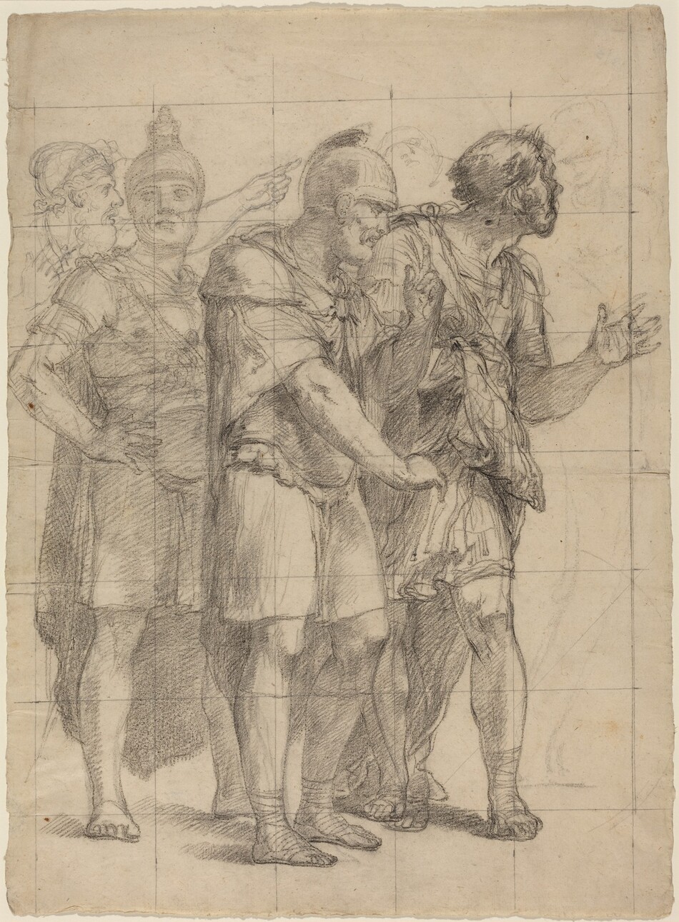 The image shows four male figures depicted in a black chalk drawing in a classical style, wearing attire reminiscent of ancient Roman or Greek clothing. Two central figures appear to be in conversation or debate, as indicated by their hand gestures and postures. The facial features of all figures are outlined, with details like short hair or helmet crests. The two figures on the sides are slightly turned to the side, with one gesturing. The attire suggests a classical setting. The background is minimal, with a grid pattern overlaying the scene, likely for transferring or scaling artwork. The focus is on the figures and their interaction.