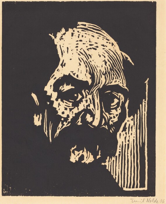 The image shows a close-up view of an abstract artistic interpretation of a person's face. The face is turned slightly to the side, with bold lines and contrast emphasizing eyes, nose, and mouth. The hair is styled with textured lines, and the person's clothing is indistinct. The background is a solid color contrasting with the lighter tones of the face. The style resembles a woodcut print with contrasting tones and thick line work.