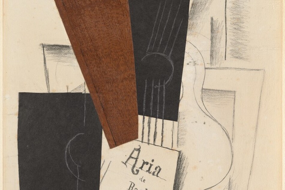 Two pieces of black paper and a third sheet with imitation wood grain paper are layered over a drawing of a guitar and other sheets of paper in this vertical collage. The guitar’s curved body and the lower part of the strings are drawn in black on tan paper, while the sound hole and rest of the strings are drawn with white lines on a rectangular piece of black paper that lies on top. Straight and angled lines protrude from the sides and top of the guitar with light hatching to suggest shading. A sheet of paper is drawn over the bottom of the guitar with hand lettering that reads, “Aria de Bach.” Another black rectangle overlaps the paper on the left and has a long, white, vertical line broken by a C-shape. The paper patterned with wood grain lies on top of the black paper and resembles a long triangle with its point cut off. The artist signed the lower right, “G Braque.”