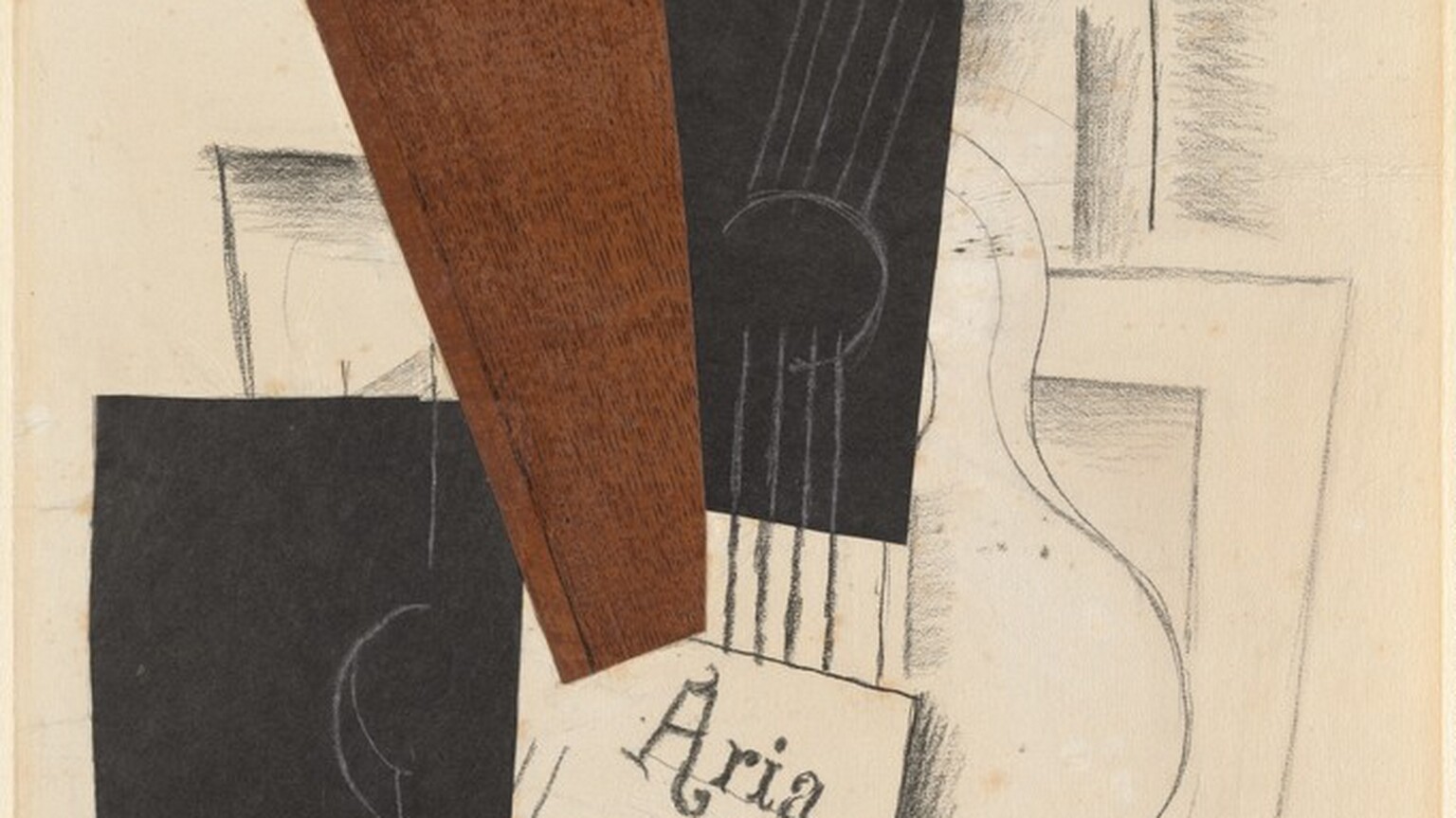 Two pieces of black paper and a third sheet with imitation wood grain paper are layered over a drawing of a guitar and other sheets of paper in this vertical collage. The guitar’s curved body and the lower part of the strings are drawn in black on tan paper, while the sound hole and rest of the strings are drawn with white lines on a rectangular piece of black paper that lies on top. Straight and angled lines protrude from the sides and top of the guitar with light hatching to suggest shading. A sheet of paper is drawn over the bottom of the guitar with hand lettering that reads, “Aria de Bach.” Another black rectangle overlaps the paper on the left and has a long, white, vertical line broken by a C-shape. The paper patterned with wood grain lies on top of the black paper and resembles a long triangle with its point cut off. The artist signed the lower right, “G Braque.”