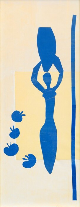 The abstracted silhouette of a woman holding a tall jug is cut out of paper painted lapis blue in this vertical composition. The woman is on the right half of this composition. Her head, arms, breasts, torso, and upper legs are pieced together with blocky forms. Both arms reach up to support a tall, narrow amphora jug overhead. Four blue pomegranates to the left near the woman’s legs and torso are arranged in an arc, like an opening parenthesis. Most of the woman is against a yellowed rectangle of paper, which is itself affixed to the cream-white canvas. A blue band rises most of the height of the canvas near the right edge.