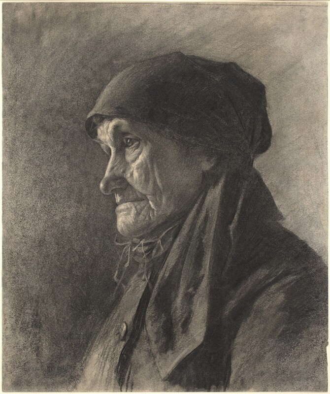 This vertical charcoal and chalk drawing shows the head and shoulders of a light-skinned, elderly woman facing our left almost in profile. Light from our left falls across her jowled, deeply wrinkled face. She looks off to our left with clear, deep-set eyes under a raised brow. She has a long, bulbous nose, and her wide mouth is closed, her thin lips set. Her hair is covered by a long scarf tied at the base of her head, and one end falls over the shoulder closer to us. There appears to be a kerchief wrapped around her neck, and a loose-fitting jacket is buttoned all the way up. She is shown against a background filled with swipes of charcoal with dark shadows around her that get lighter in the upper right. Barely visible against the gray background, the artist signed the lower left, “Leon Lhermitte.”