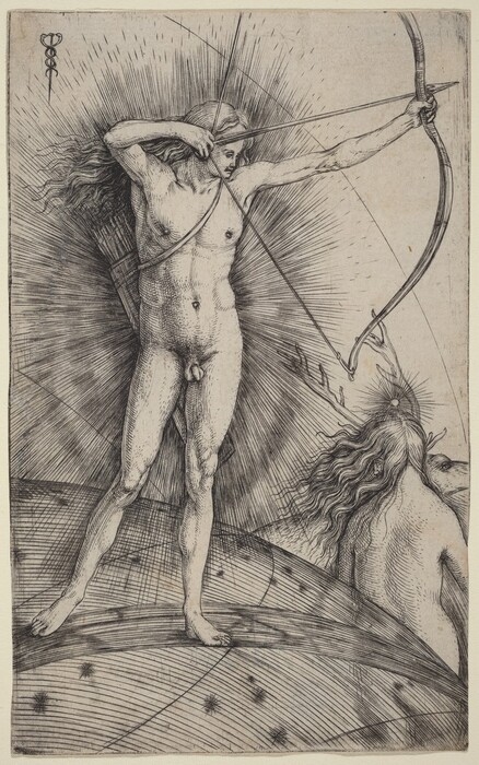 The image shows a male figure standing with one foot elevated, drawing a bow, and preparing to shoot an arrow. His body is poised with one arm extended forward and the other bent back, holding the bowstring. The figure has long, flowing hair that cascades down his back and face, with a concentrated expression. He is depicted nude and carries a quiver of arrows slung over his shoulder. The background features a pattern of radiating lines and dots, possibly resembling a celestial map, with a second male figure with flowing hair and an illuminated halo-like glow behind the main figure. The upper left corner contains a symbol resembling intertwined loops.
