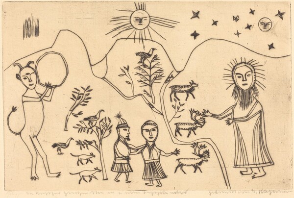 Folk Scene: Devil, Christ, Man, Woman, and Animals in a Landscape