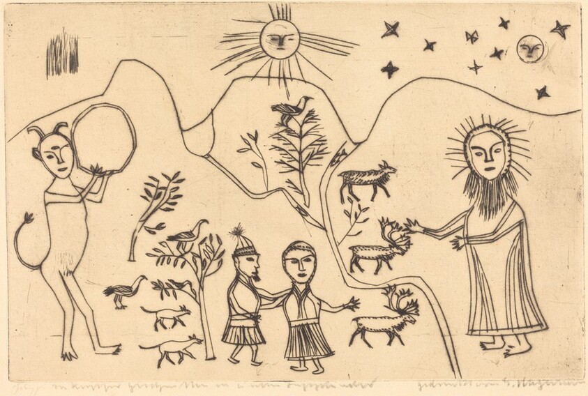 Folk Scene: Devil, Christ, Man, Woman, and Animals in a Landscape