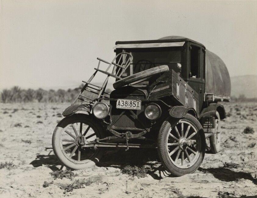 Texan refugees' car, they are seeking work in the carrot fields of the Coachella Valley, California