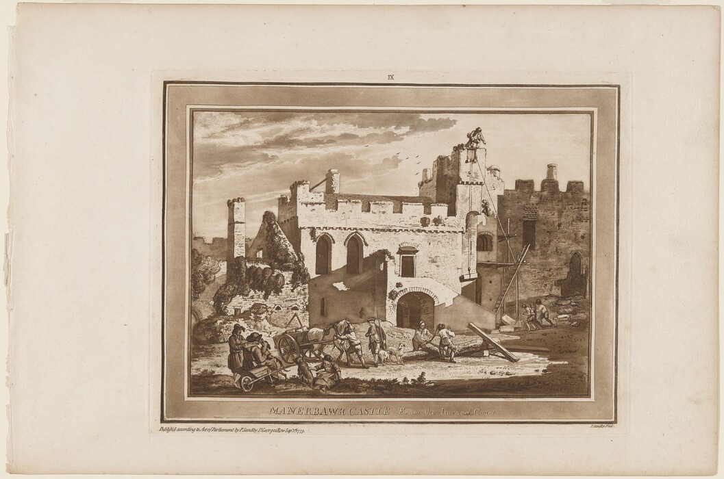 The image depicts a courtyard of a castle with classical architecture. The horizon is obscured by the castle structures. The style of the buildings is old, with arched windows and battlements. The artwork shows precision in linework and shading to create texture. The color scheme is mostly brown. Figures near a horse-drawn cart are shown engaged in various tasks. A person is standing on a tower, seemingly overseeing the activities.