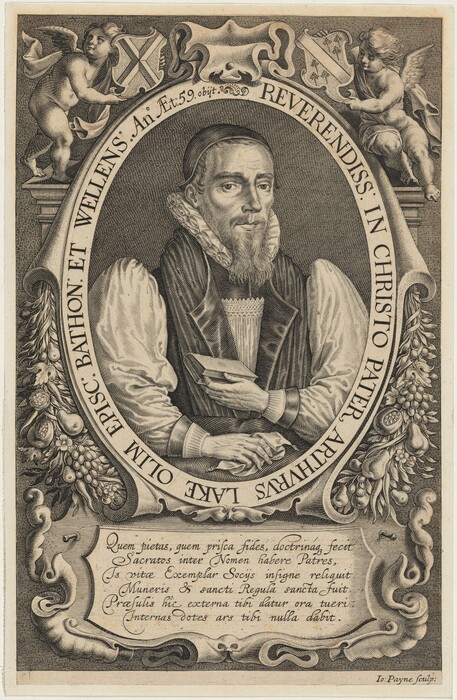 The image shows a portrait of a man depicted from the waist up, seated and facing slightly to his right. He has a long, pointed beard and a mustache, and his facial expression is solemn. The man's hair is covered with a cap that fits closely to his head. He is wearing a buttoned, pleated collar and a robe with a visible inner garment at the neckline. His sleeves are loose-fitting and have cuffs. In his right hand, he holds a small book partially open, resting on his left hand, which has a ring on the little finger. The background is ornately detailed with cherubs in the upper corners holding onto crests, and swirling leaf and fruit motifs around the oval frame in which the portrait is set. There is text within and around the oval frame, as well as a rectangular section below with additional text.