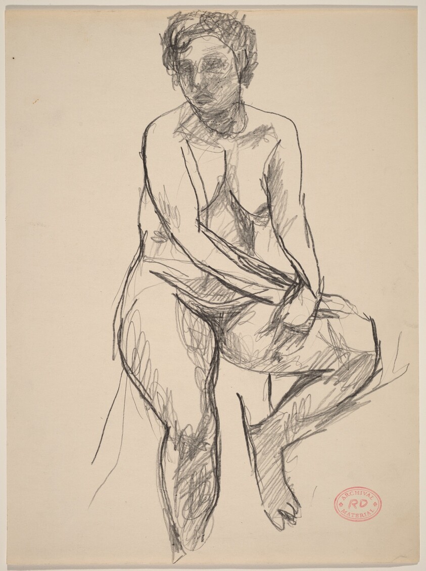 Untitled [female nude seated on a draped stool]