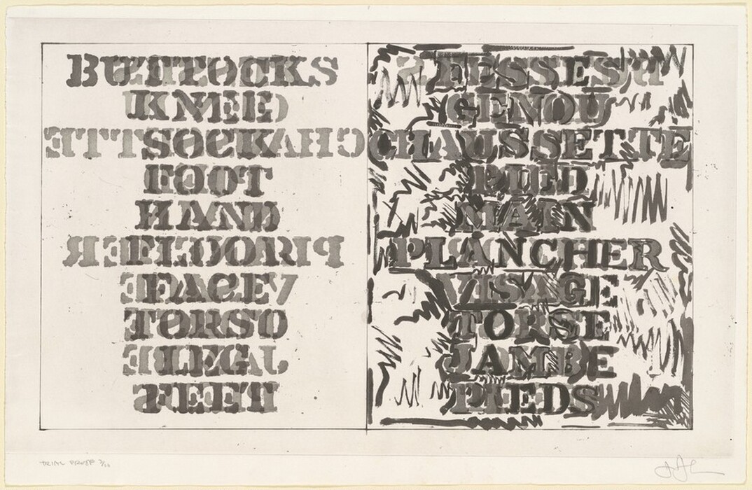 The artwork showcases a composition divided into two halves. The left side displays an inverted orientation of uppercase letters while the right side shows the text in its standard orientation, both forming a rectangular block of grey-toned letters. The piece features a pattern of words resembling a stencil cut-out in a bold, uniform style, intertwined with abstract black ink shapes that give the impression of flowing lines or fur-like textures surrounding and partially obscuring the text on the right half. The words suggest body parts or clothing items, drawing a symbolic connection to the human figure.