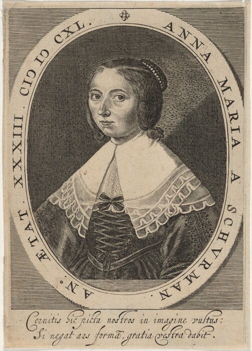 The image shows a portrait of a woman. She is facing forward, displaying her head, shoulders, and upper torso. Her expression is serious, with large, focused eyes. Her hair is styled away from her face, possibly tied back or under a cap, with curls resting on her neck. She is wearing a historical costume with a dress featuring a tied crisscross pattern at the bodice, a lace collar, and a bow at the neck. An ornate border surrounds the portrait with the text "ANNA MARIA A SCHURMAN" around the oval frame. The background is shaded, contrasting with the lighter tones of the woman's attire and face.