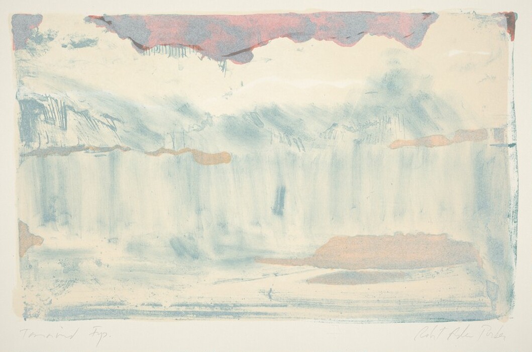 The image consists of diffused, flowing lines moving vertically, with soft, uneven horizontal sections dividing the composition. The upper portion contains muted tones of red and blue blending seamlessly, while the lower half transitions into a paler, sandy hue. The overall impression is of a tranquil landscape encapsulated in abstract form, with colors and shapes that suggest both earth and sky.