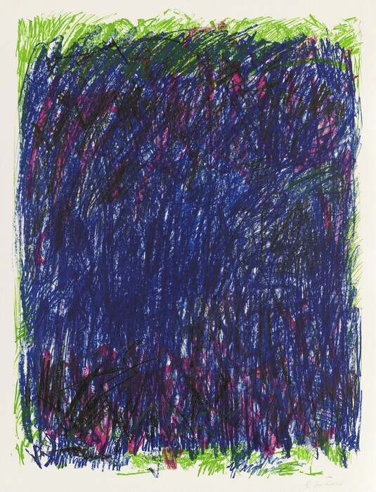 The image displays overlapping, scribbled lines and shapes in dark blue, black, and purple, with touches of bright green and magenta along the edges, creating an abstract effect.
