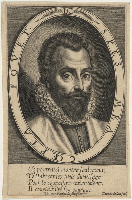 The image shows an engraved portrait of a man from the shoulders up. He faces the viewer while looking slightly to the left. The man has a defined face with a straight nose, deep-set eyes, and a neatly trimmed beard and mustache. He has dark, wavy hair styled back from his forehead and is dressed in formal attire with a lace ruff collar. The background is an intricately detailed oval frame with surrounding text "SPE SMEA COPTA FOVET" and additional text below the image. Fine line detailing is present outside the oval frame.