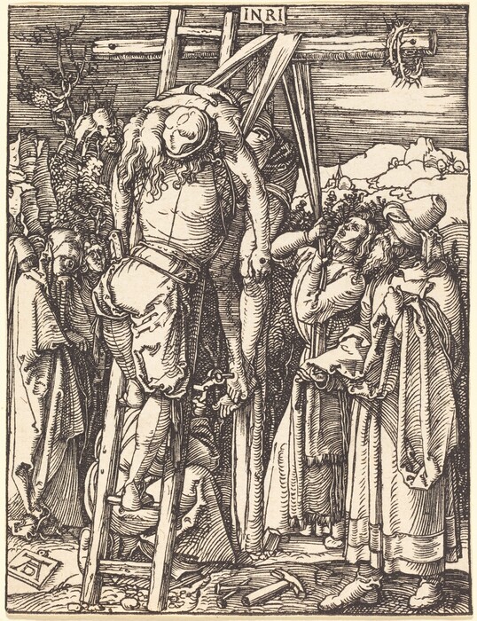 This is a drawing of a figure being lowered from a cross. The image shows a group of figures around the central scene where a body is being taken down from a cross. The figure has long hair and a peaceful expression, with a ladder leaning against the cross. The other figures, wearing flowing garments, look solemn and focused on the task. The background features clouds and architectural elements, contributing to the somber atmosphere. The drawing is done in a detailed woodcut style with black lines and shading.