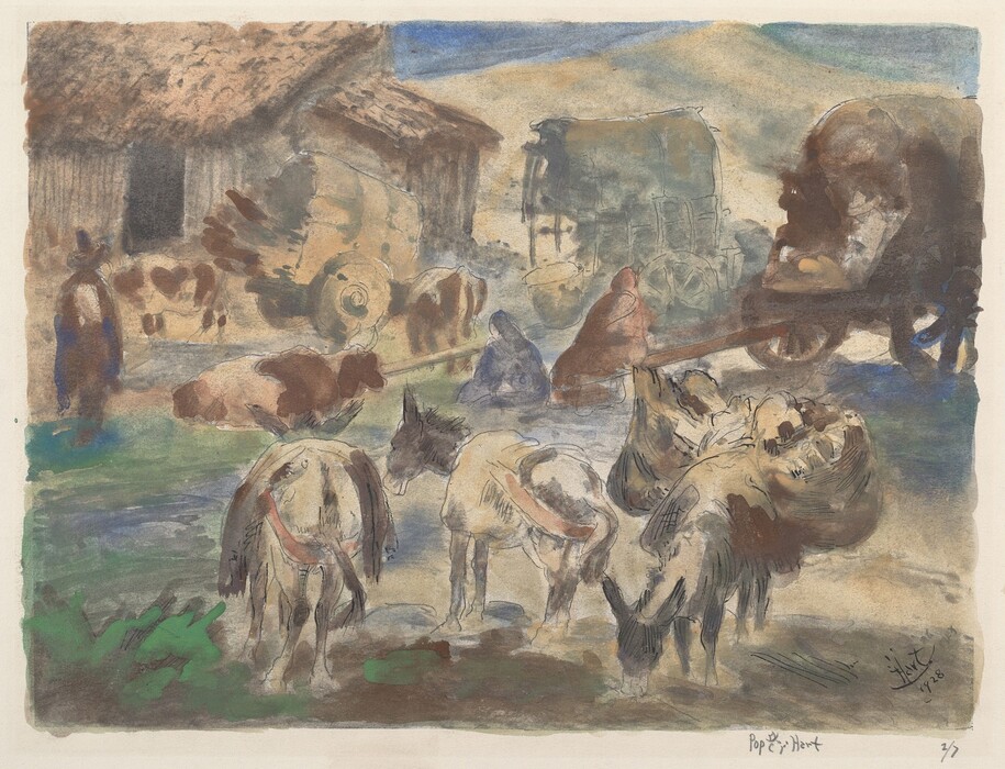This image shows a rural scene with a group of donkeys gathered in a semi-circle, facing different directions. Behind them are cows with brown and white patches, some lounging and others walking around. In the background is a simple wooden house with a thatched roof, and next to it is a large roll-like structure, possibly a hay wagon. The landscape includes earth-toned hills, fields, and a light blue sky. The painting style features loose, flowing brushstrokes with a muted palette of browns, greens, and blues, creating an impressionistic feel.