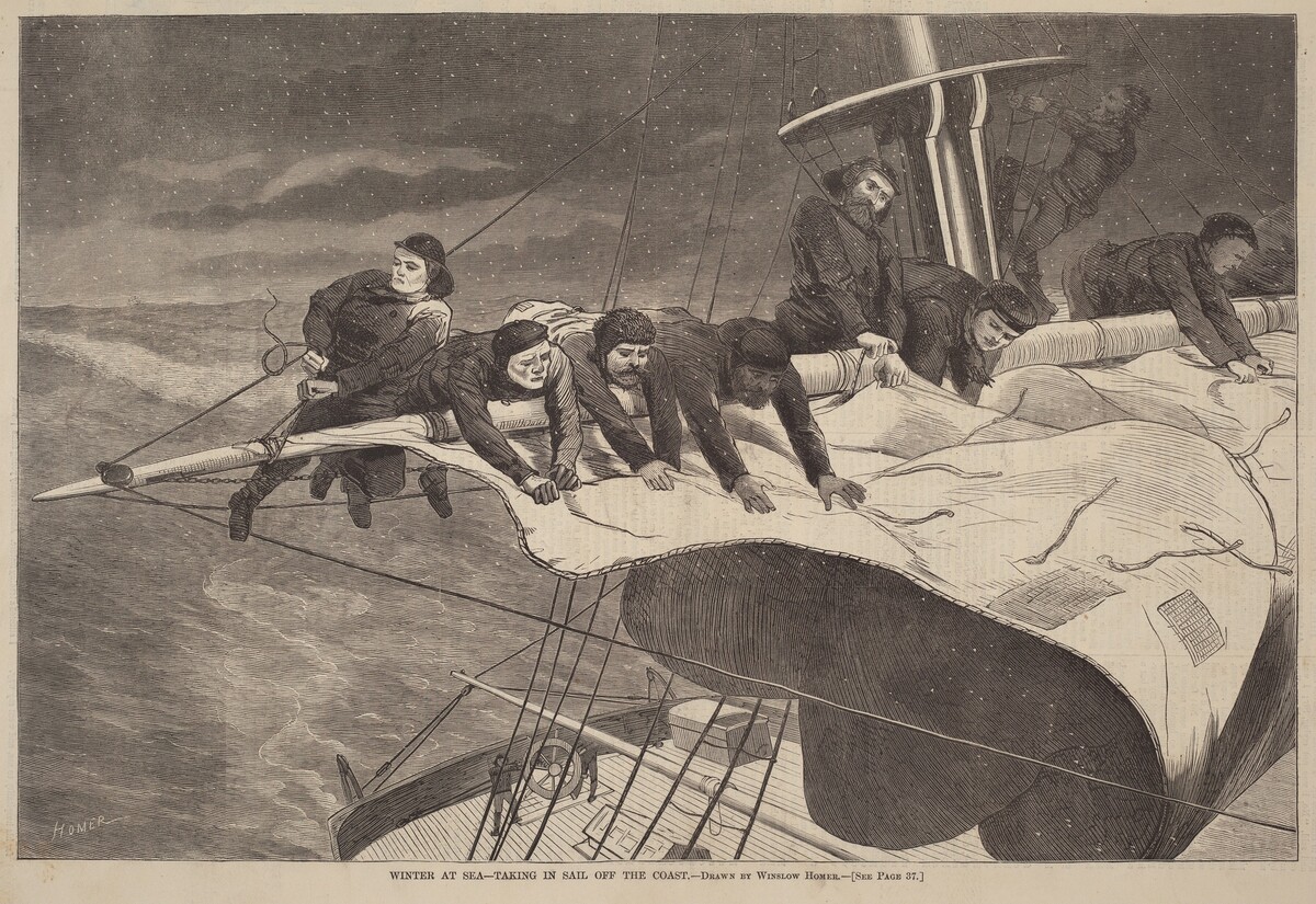 Winter at Sea - Taking in Sail Off the Coast