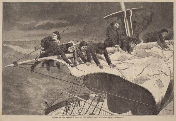 Winter at Sea - Taking in Sail Off the Coast