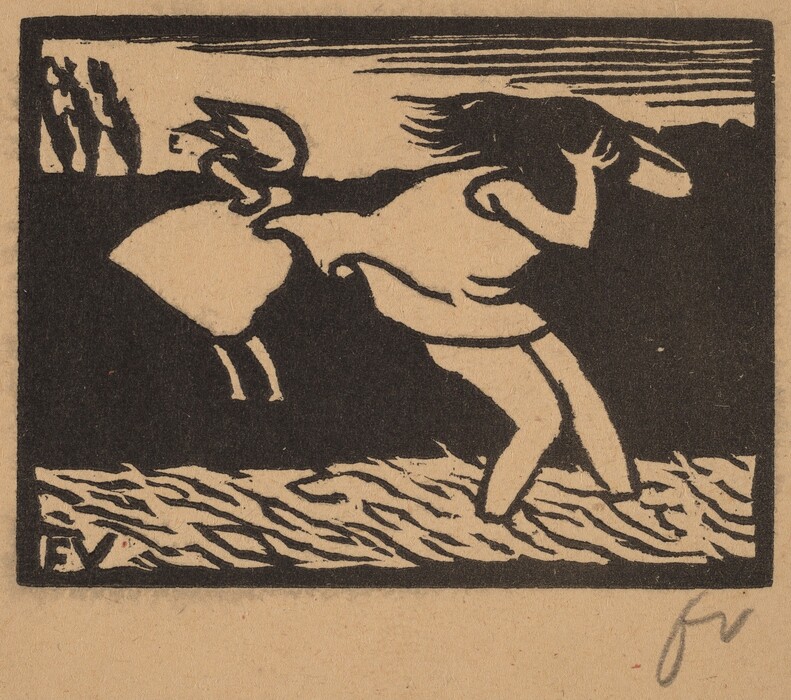 The image features bold, curvy lines and angular shapes that form an abstract scene. The composition suggests the dynamic movement of two figures. One shape resembles a person in profile running or bending over, while the other shape could be interpreted as a bird with its wings spread. The top portion of the image contains horizontal lines, while the base of the image contains a series of wavy lines. The visual elements come together to create an abstract representation that hints at interactions in a natural setting.