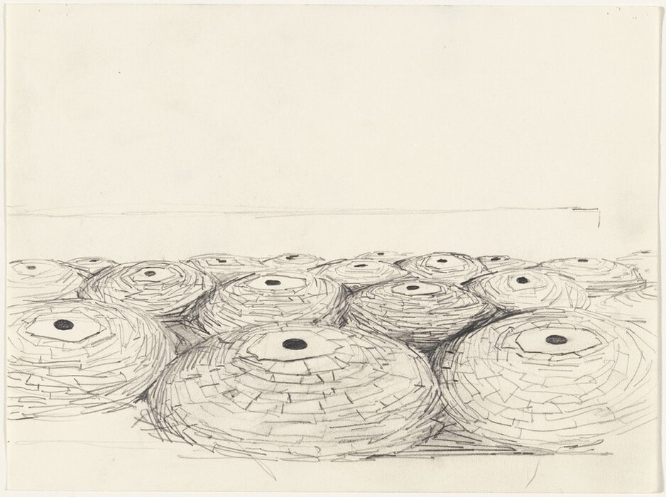 The image shows dome-like shapes with concentric lines and layers arranged on a surface. Each dome has a central circular dot. The pattern resembles a field of stone cairns or haystacks on a flat plane.