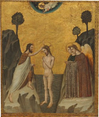A nude man, Jesus, stands with hands together in prayer, hip-deep in a stylized river with a bearded man wearing a fur-like garment on a rocky bank to one side and two winged angels on the other, all against a gleaming gold background in this vertical painting. Another bearded man wearing a white robe floats in a blue field at the top center of the panel. All the people have pale skin, brown hair, and gold halos encircle their heads. At the center of the painting, Jesus’s body is angled to our left, and he tips his head the same direction. Jesus has shoulder-length hair and a trimmed beard. Slate-blue water reaching his hips is painted with regular, white, curving lines to suggest flowing water. Standing on the flat top of a tan-colored rock to our left, the other man head has raggedy, darker brown hair and a fuller beard. His brow is furrowed, and he has dark eyes. He wears the brown, fur-like garment under a white robe. He steps forward on his left foot, farther from us, to touch Jesus’s head with his right hand, and he holds a staff in his other hand. To our right, the angels stand side-by-side facing Jesus. The angel farther from us wears indigo blue and the one closer to us wears a brick-red, patterned, long robe over bare feet. A swath of beige, geometrically patterned fabric drapes over that angel’s arm, whose hands are also held together in prayer. Their wings darken from cream-white at the top to golden yellow, then burnt orange at the bottom. Stylized trees, one to our left and two to our right, grow from the rocky hills beyond the people. In a half-circle at the top, a man smaller in scale hovers, chest down, over the scene. He lifts his right hand toward Jesus and holds a book with a crimson-red cover with his other hand. The semi-circle fades from deep teal at the center to pale aquamarine blue at the outer edge, and is painted with gold starbursts. The entire scene has a gold border with clover-like forms set within diamonds along the inner edge of the panel.