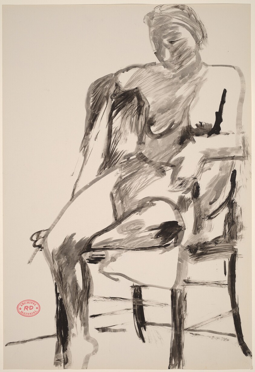 Untitled [seated female nude with right arm over chair back]