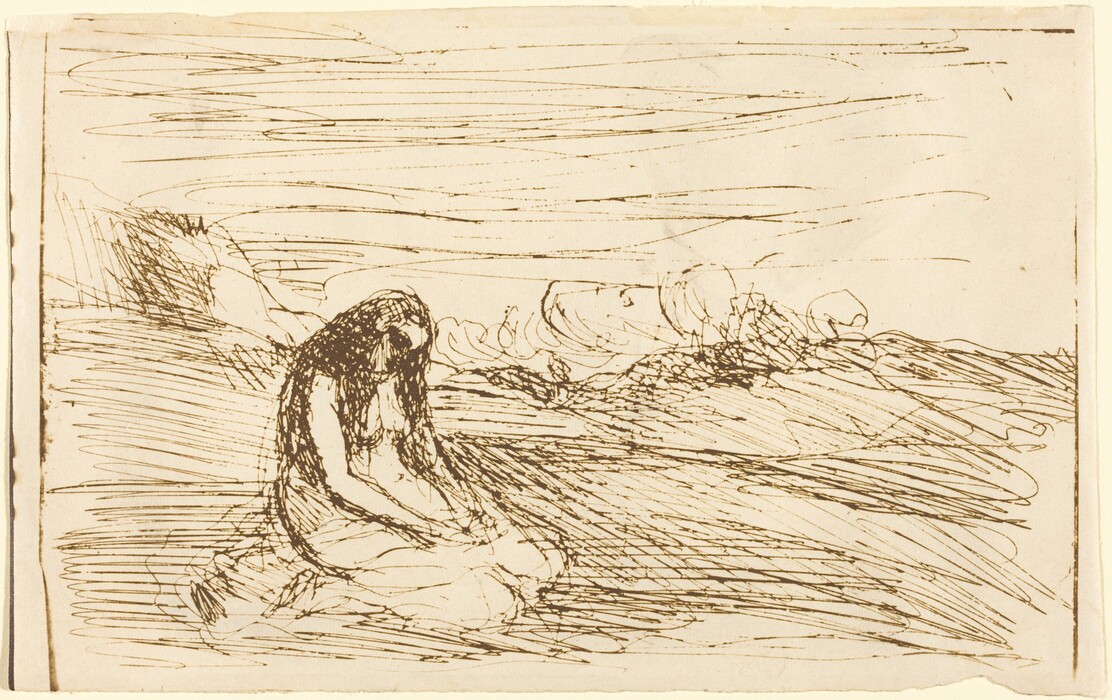The image shows a scene viewed from an elevated angle looking down at a seated figure. The horizon is high in the composition, emphasizing the sky filled with horizontal lines suggesting clouds. The landscape has undulating lines indicating hills or dunes. The brushstrokes are fluid and sketch-like, with expressive, casual lines creating movement and texture. The color palette is sepia against an off-white background, giving the image a timeless feel. The composition is minimalistic yet expressive, using line texture for depth and interest.