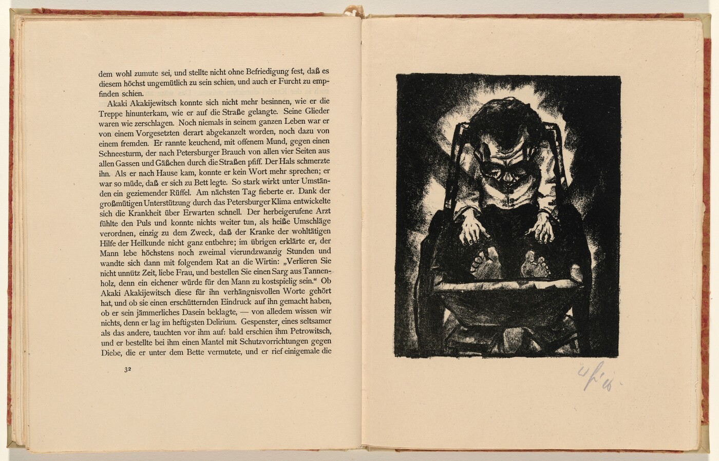 The image shows an open book with text in German on the left side discussing a character named Akakij Akakijewitsch. On the right side, there is a black and white illustration of a figure slumped forward in a chair with their head hanging down and hands on their knees. The figure's feet are visible, conveying a sense of fatigue or defeat. The illustration is drawn in a somber mood with high contrast and expressive style. Page number 32 is visible in the book, and there is writing or a signature at the bottom right of the illustration page.