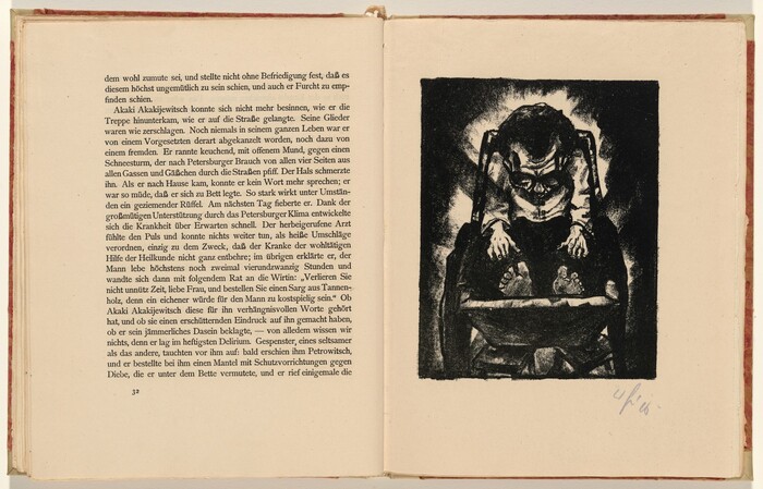The image shows an open book with text in German on the left side discussing a character named Akakij Akakijewitsch. On the right side, there is a black and white illustration of a figure slumped forward in a chair with their head hanging down and hands on their knees. The figure's feet are visible, conveying a sense of fatigue or defeat. The illustration is drawn in a somber mood with high contrast and expressive style. Page number 32 is visible in the book, and there is writing or a signature at the bottom right of the illustration page.