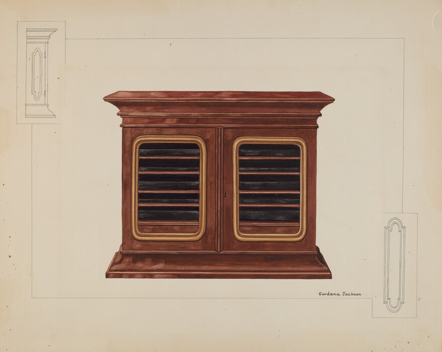 The image depicts a wooden cabinet with two doors. Each door has a central rectangular panel with horizontal slats and gold-colored trim. The cabinet has a rich brown color with hints of red. There are three line drawings of an oval-shaped ornamental motif at the corners of the image. The name "Gordon Jackson" is visible in the lower right corner of the cabinet.