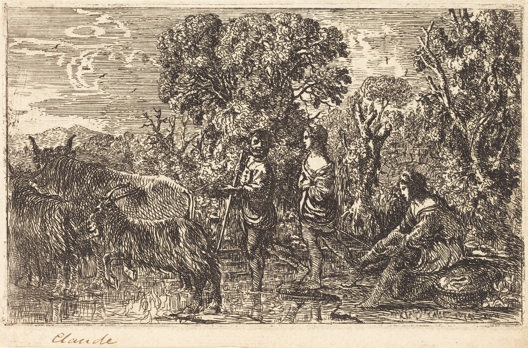 The image is an etching featuring a scene with fine lines. The horizon is high, with trees dominating the center. The linework provides texture to the trees, foliage, and figures. The color palette is monochrome, with varying line density creating contrast and shading. In the foreground, goats are near water, and two figures stand in conversation. Another figure is seated. Trees frame the middle distance, with birds in the sky.