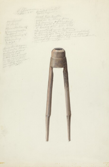 The image shows a three-legged stand or tool with a cylindrical top as the largest object centrally positioned against a plain background. The color palette consists mostly of muted tones including browns and grays for the object itself, contrasting against the light beige or off-white background. Handwritten notes in typography are present at the upper left of the image, partially overlapping with the stand, which is vertically oriented in the center of the image.