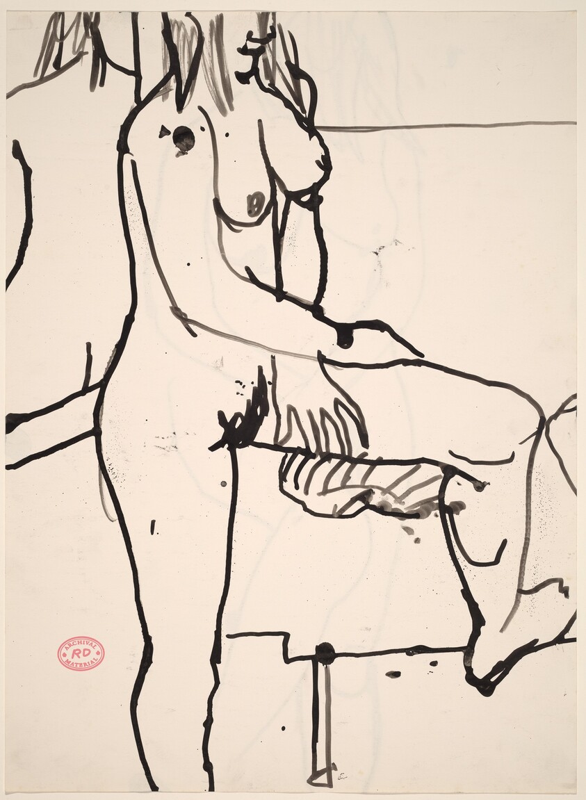 Untitled [standing nude with a mirror and resting her left foot on a support] [recto]